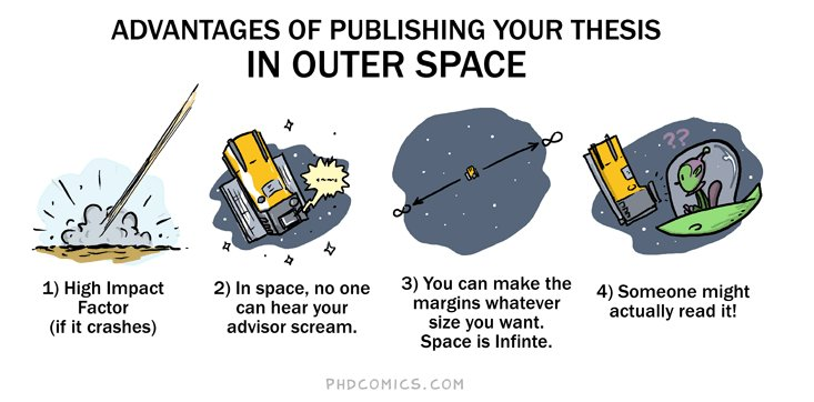 Ventajas de publicar tu tesis fuera del espacio, según Jorge Cham. PhDComics.com