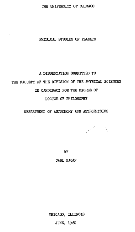 Portada de la tesis doctoral de Carl Sagan. The University of Chicago. 1960.