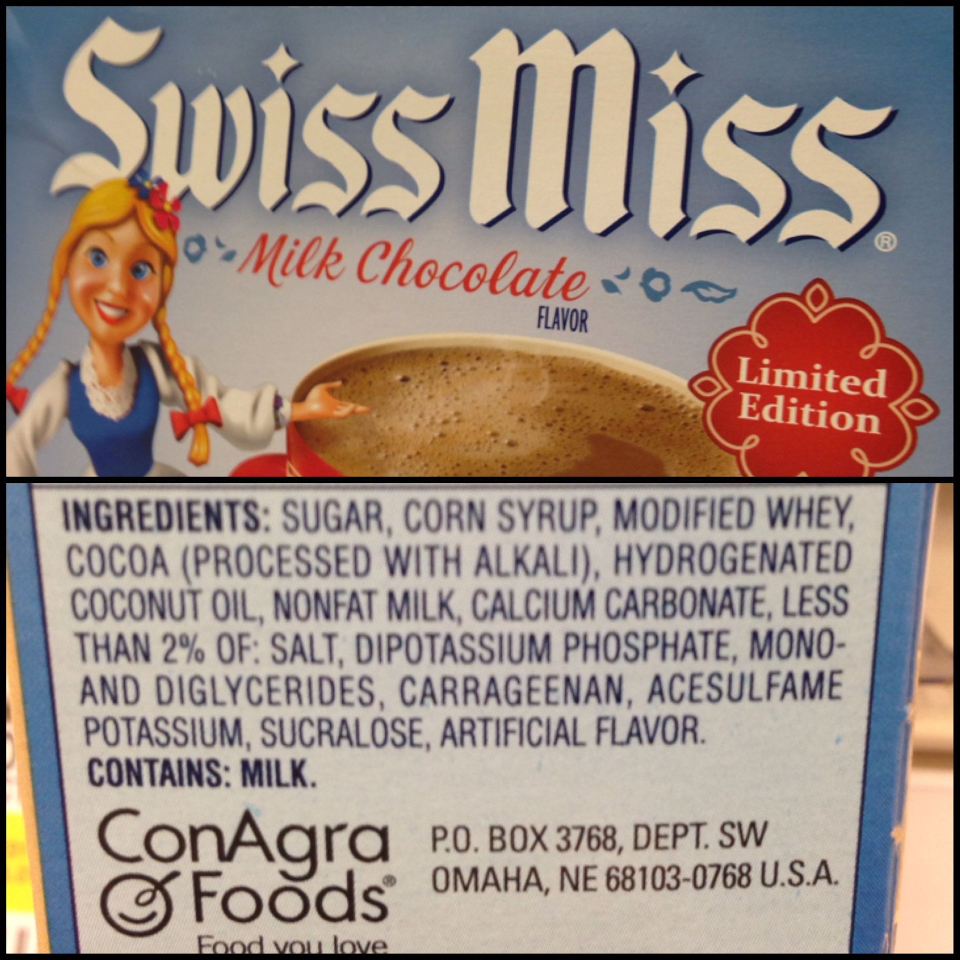 This product contains the neurotoxin, Acesulfame potassium, and also the artificial sweetener, Sucralose. This was their Classic Hot Chocolate mix. It is not their diet product.