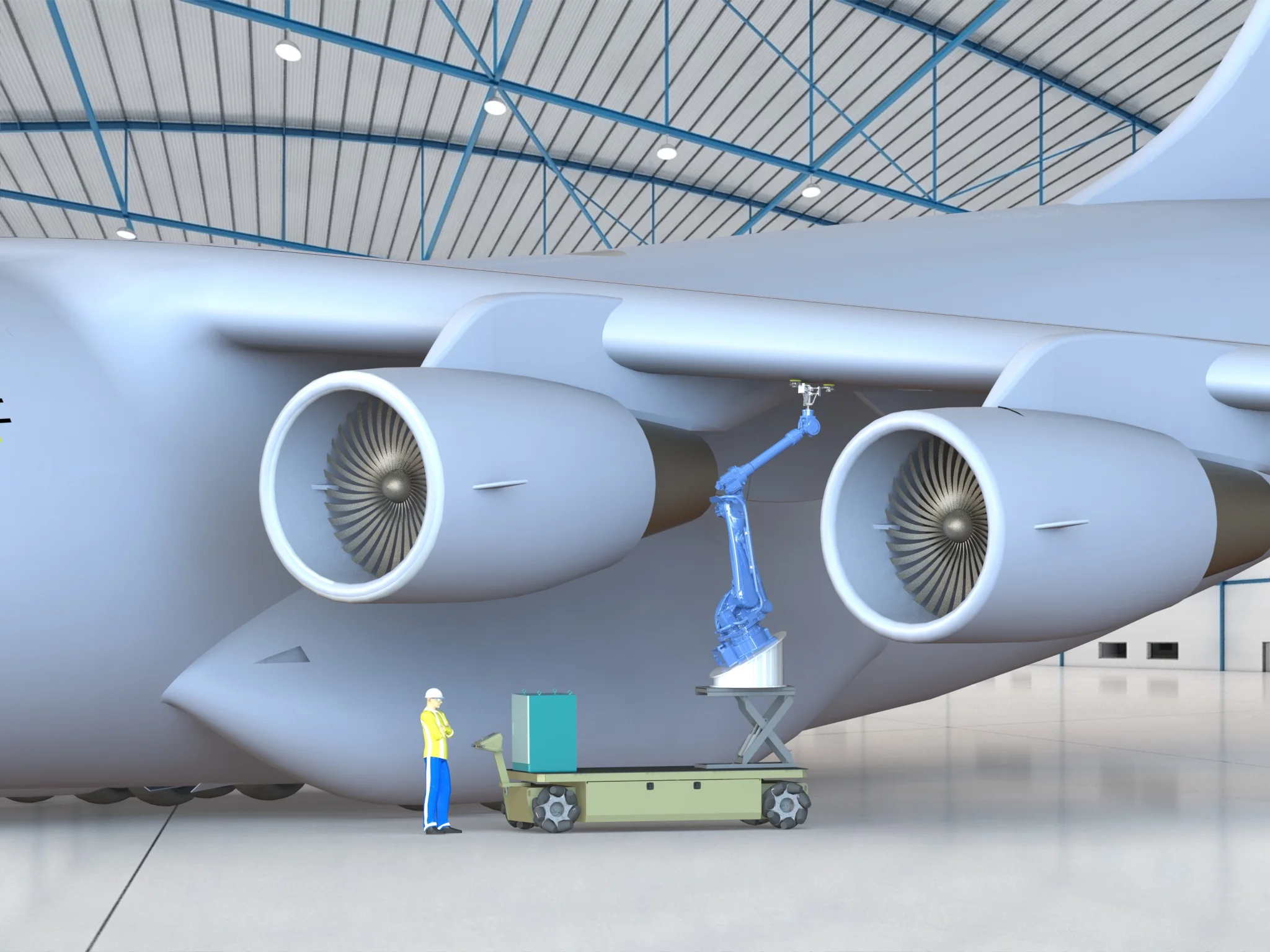 An illustration depicts how a robotic arm commonly used in advanced manufacturing can be adapted to perform multiple functions such as under-wing sanding or composite repair on military aircraft. (Image Courtesy of Southwest Research Institute)