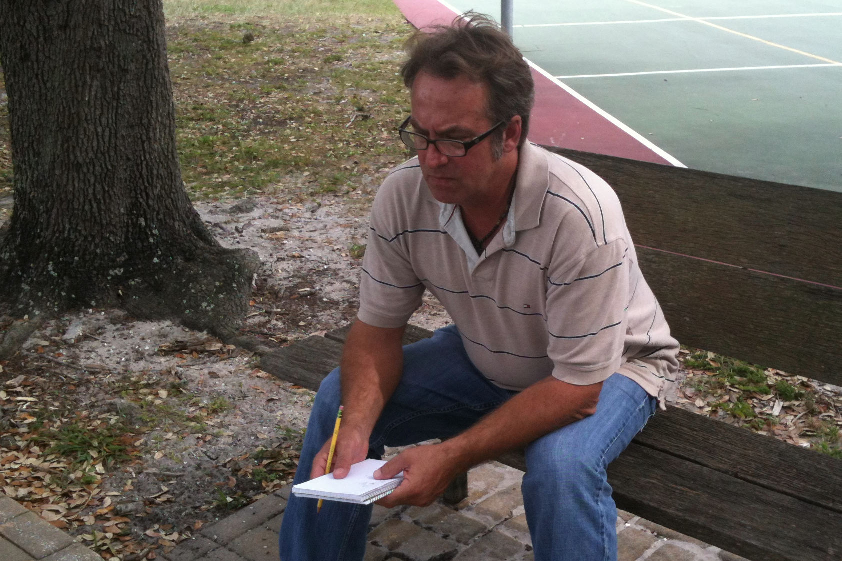  Location scouting with Christian who's taking lots of notes. &nbsp;We also ran through some general blocking so we could see which way the camera would likely be facing for various shots. You can tell by Christian's expression here that we take our 
