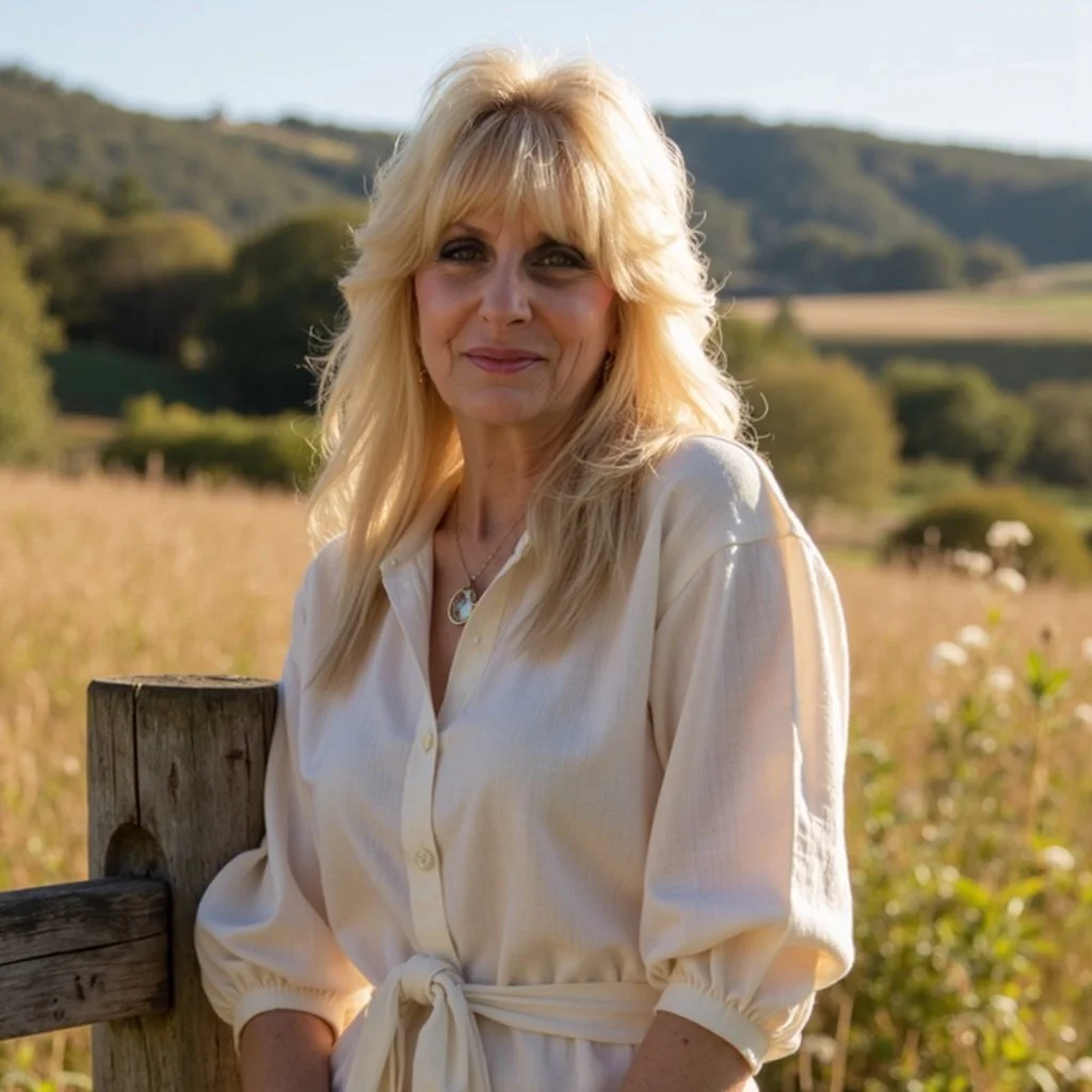 A woman with long blonde hair, wearing a light-colored dress, standing outdoors in a rural field with hills and trees in the background.