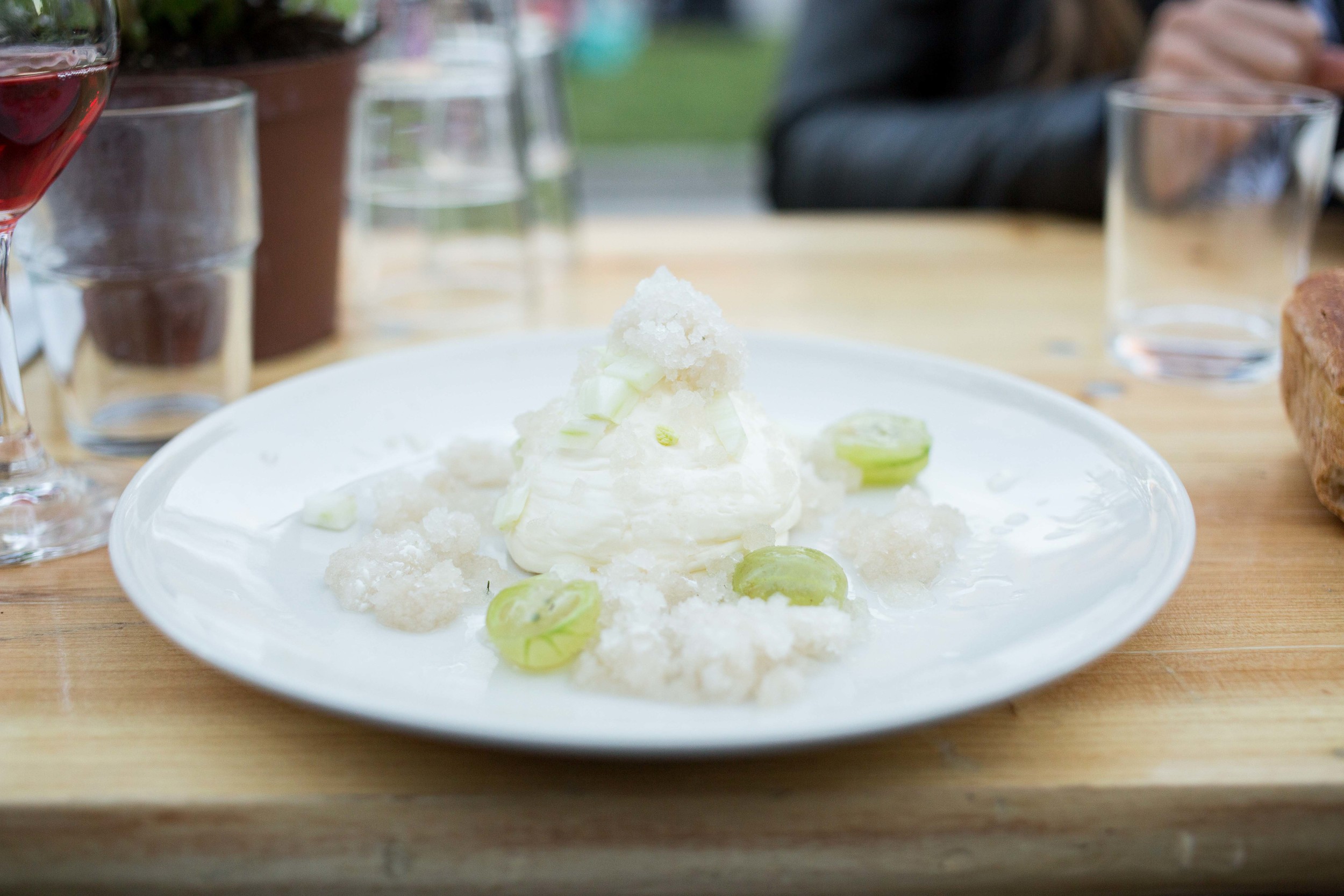 This dessert was amazing. Vanilla mouse with fennel, gooseberries, and lemon ice.
