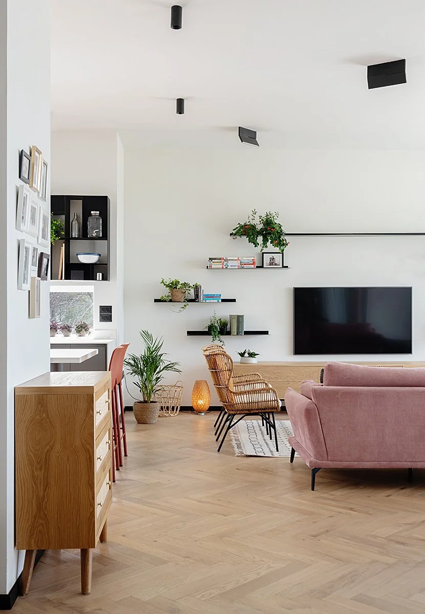 Modern living room with pink sofa, rattan chairs, wall-mounted TV, floating shelves with plants and books, wooden floor, black ceiling lights, and nearby window with potted plants.