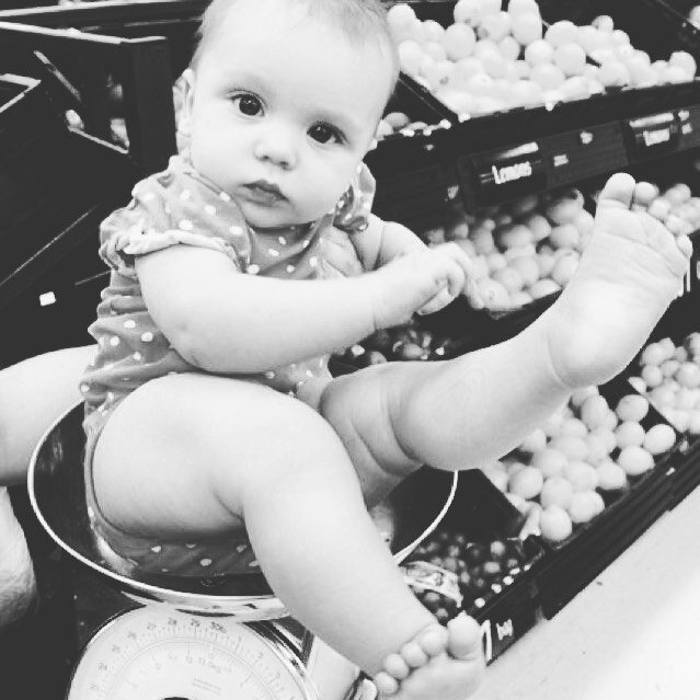 And now for one of my favourite photos of Rooksby. I wanted to check her weight so I took her to grocery store. #cabbage #patch #kid