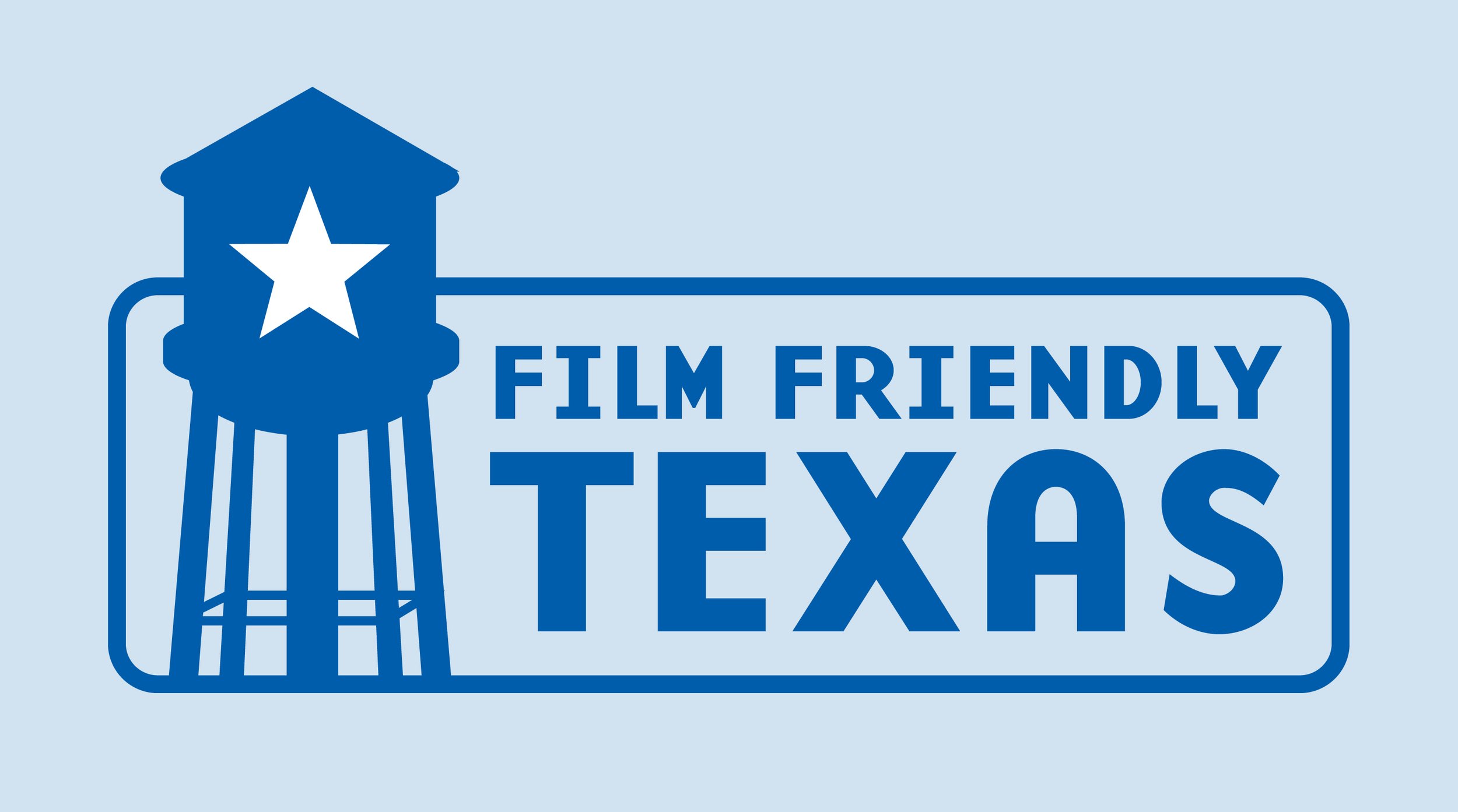 Film Friendly Texas logo with name and icon of water tower with star in two shades of blue