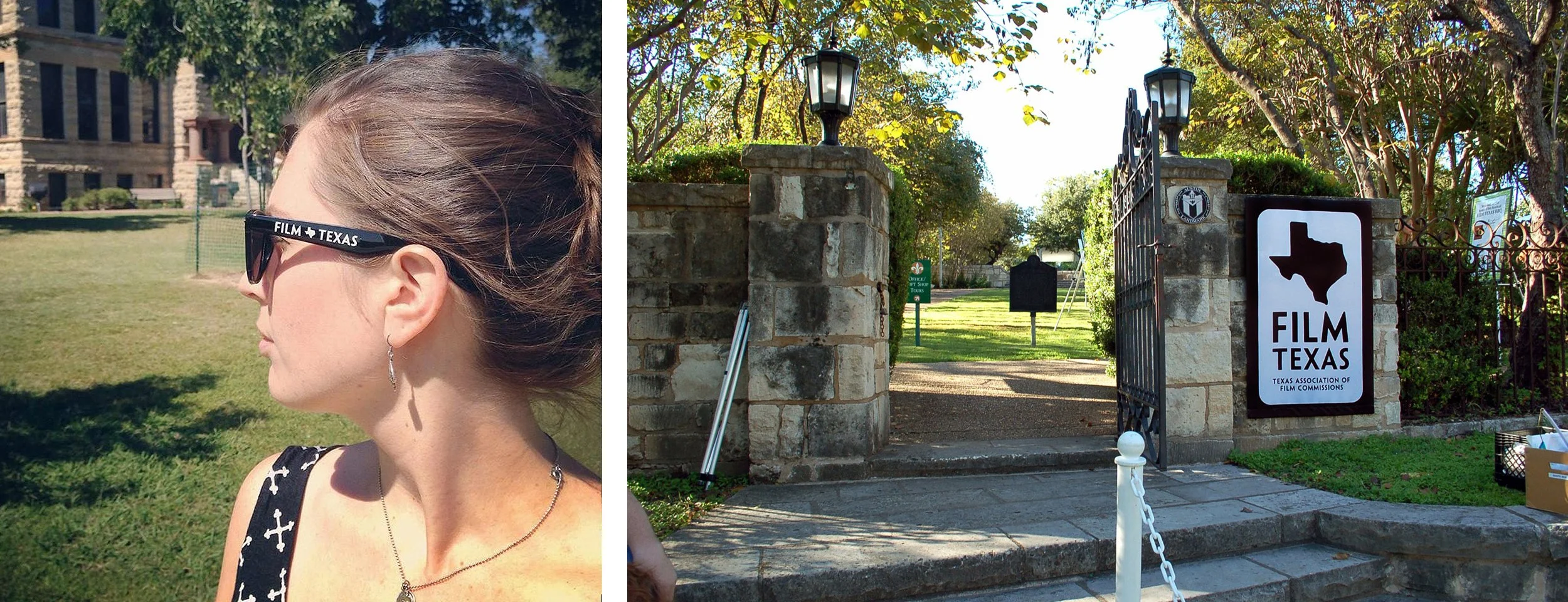 photo of a woman wearing sunglasses with the name Film Texas on the side and a large banner with logo hanging on the entrance of the Texas French Legation