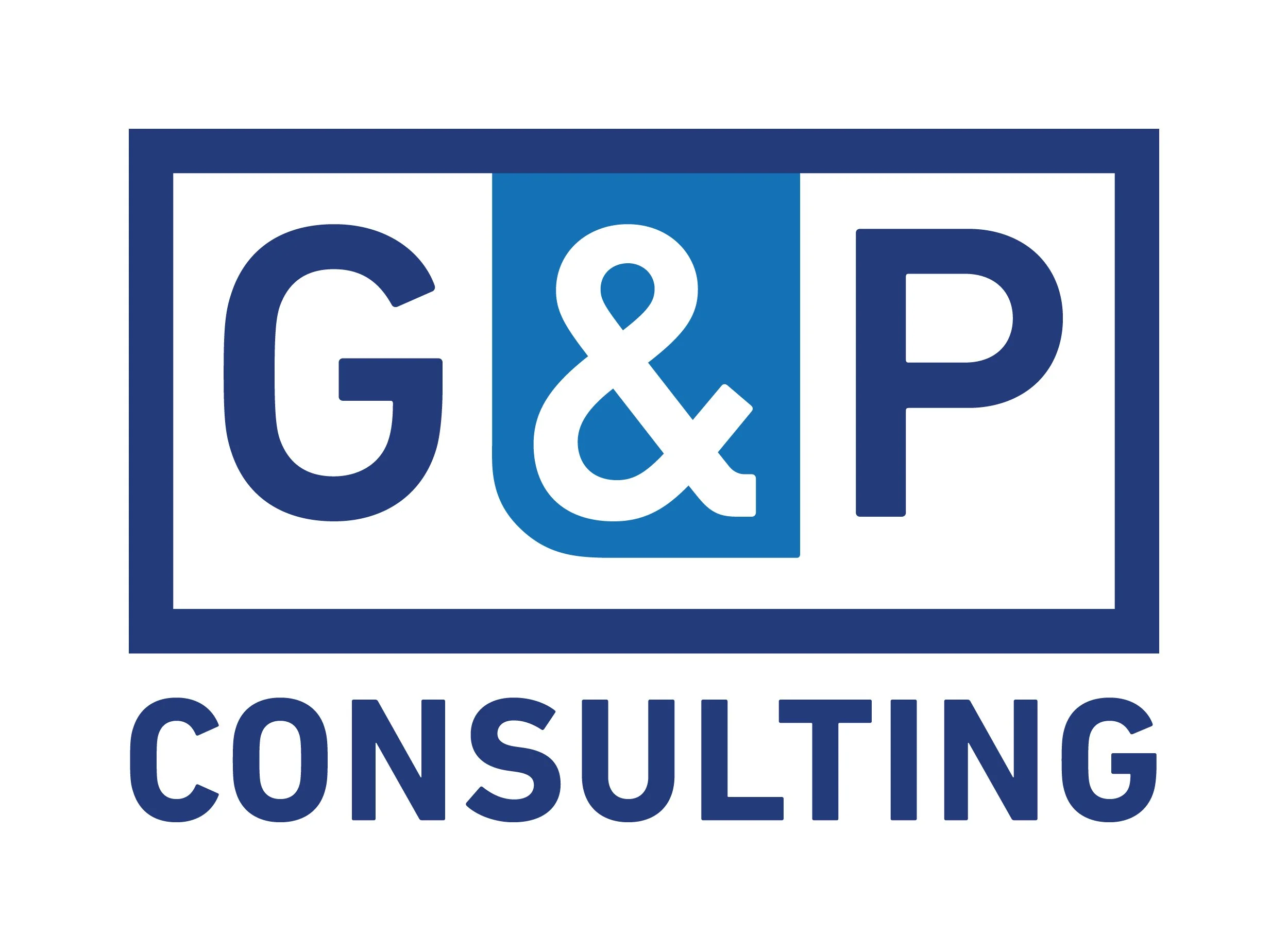 blue letter g ampersand p in a box above consulting