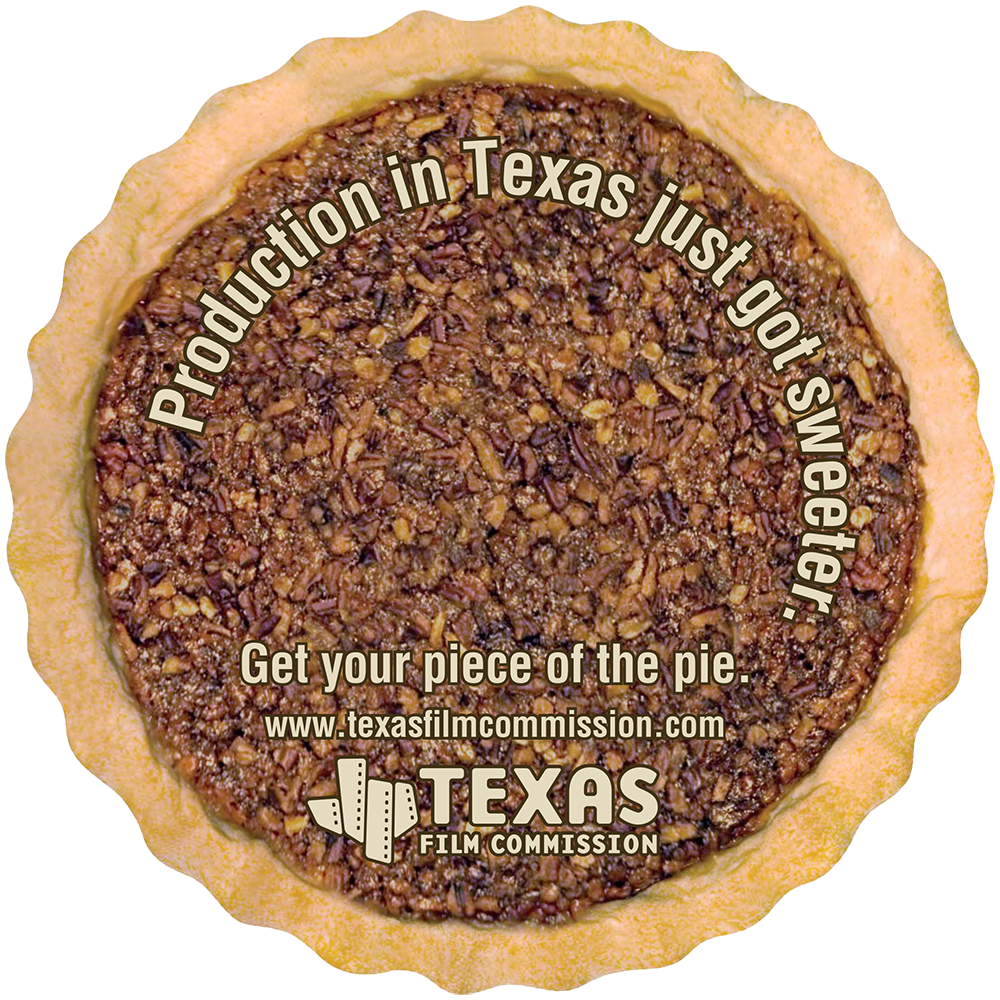 top view of a pecan pie with the words production in Texas just got sweeter
