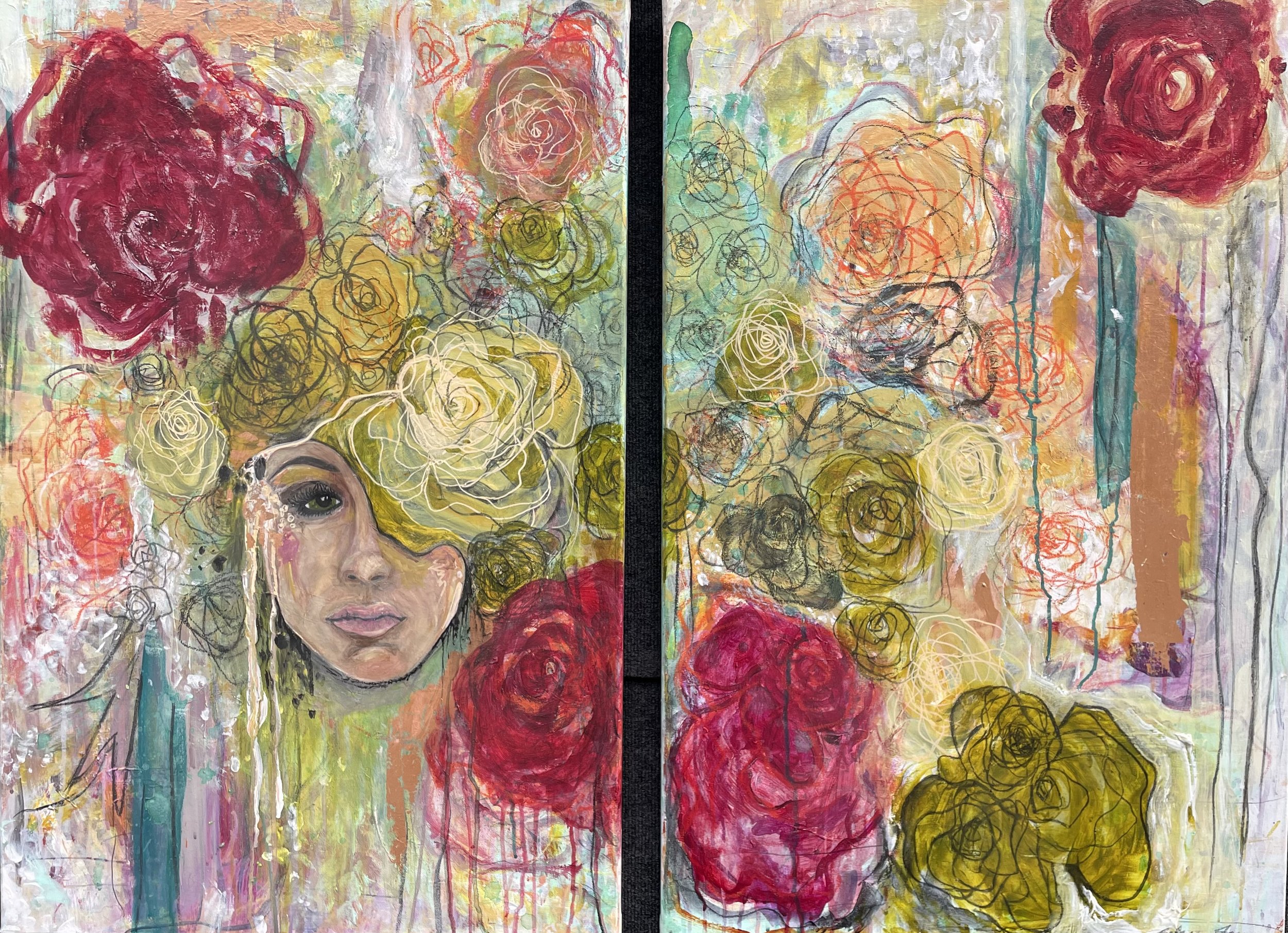    No Apologies     Acrylic/charcoal/gold leaf/pastel on Canvas. 48x36, diptych.    $1,200  