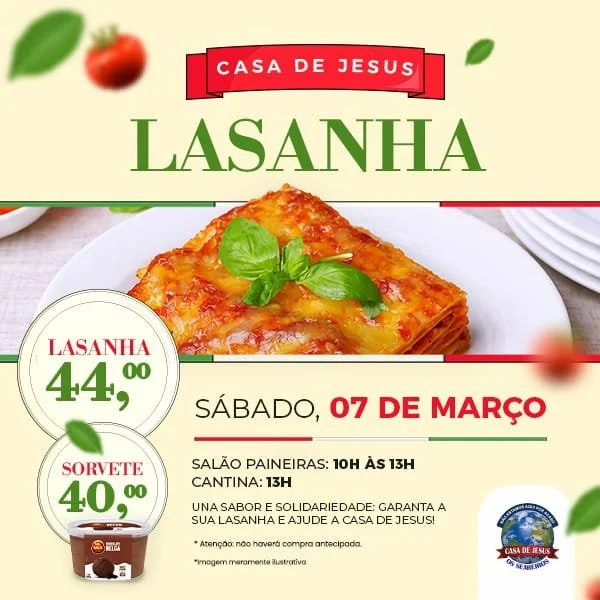 Nova edição da Lasanha Beneficente da Casa de Jesus será no próximo dia 07/03