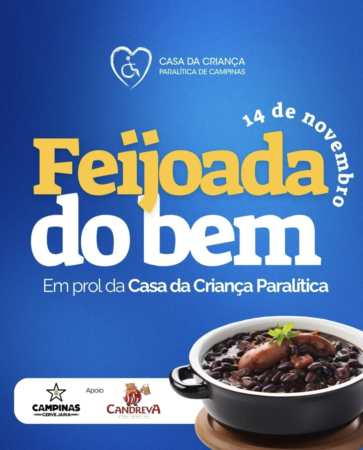 Casa da Criança Paralítica promove Feijoada do Bem no dia 14 de novembro