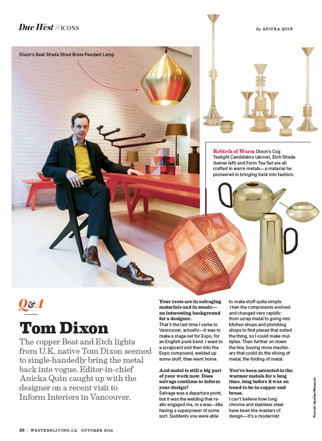 Magazines page featuring designer lighting and home decor items, including a brass pendant lamp, candlesticks, teapot, and metal art pieces, with a photo of Tom Dixon sitting in a modern interior setting.