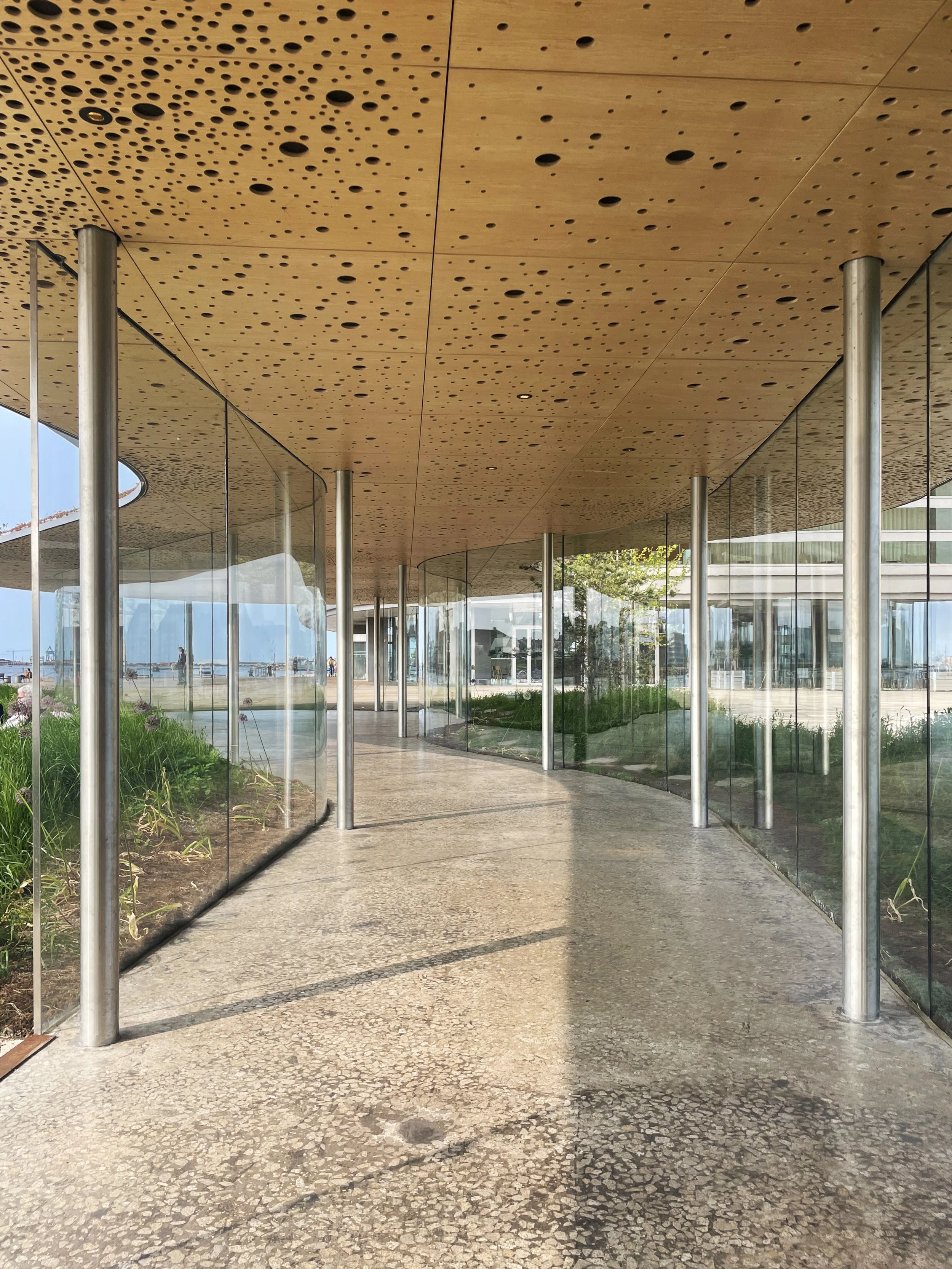 A modern building entrance with glass walls, a curved wooden ceiling with circular holes, and a concrete walkway with patches and cracks.