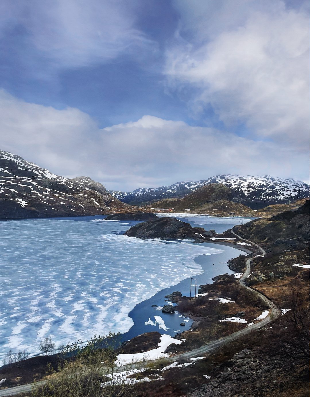 Snow-capped mountains surrounding a partially frozen lake with a winding dirt road along the shoreline under a cloudy sky.