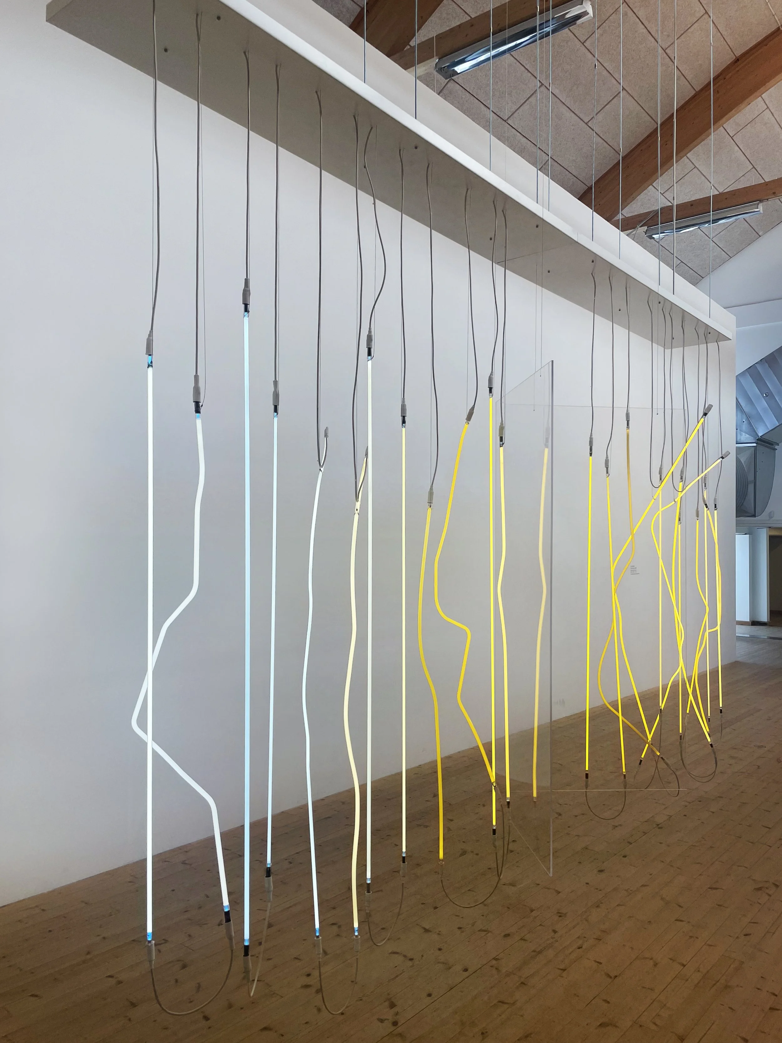 An art installation consisting of vertical, irregularly shaped, illuminated neon tubes in white, blue, and yellow hanging from the ceiling.