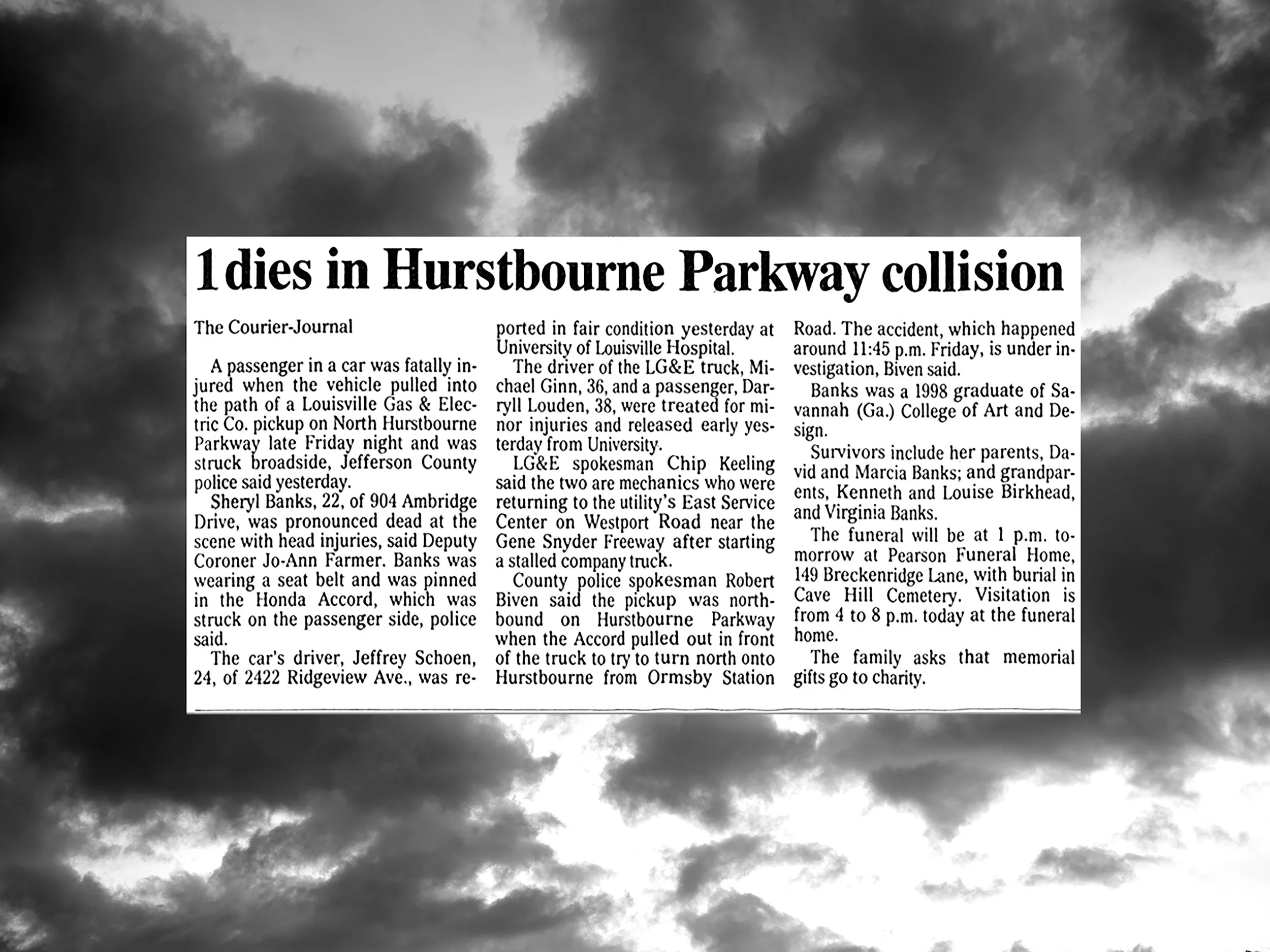 A newspaper article titled '1 dies in Hurstbourne Parkway collision' with text reporting a fatal car accident, injuries, and funeral arrangements, set against a background of dark, cloudy sky.