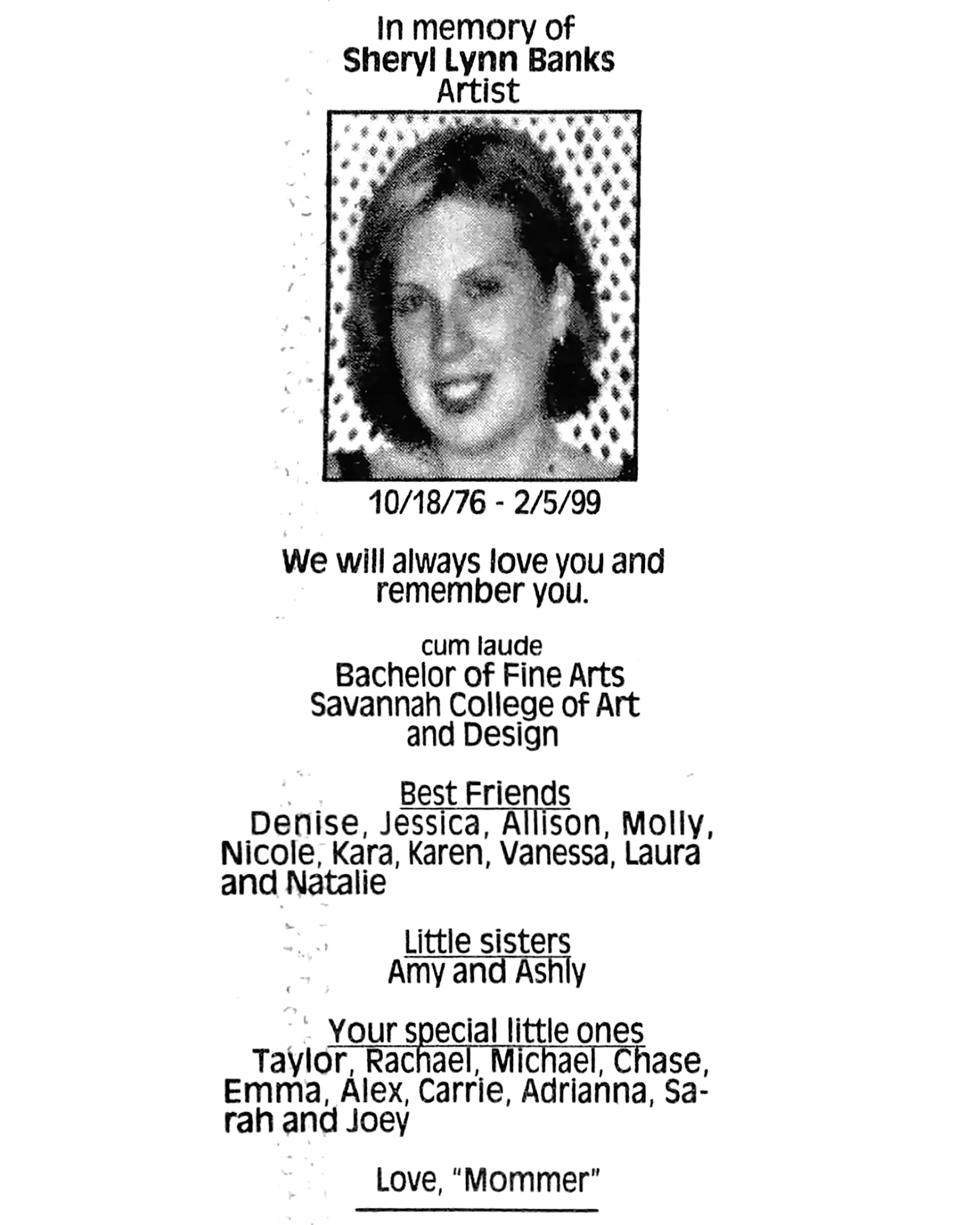 Memorial tribute for Sheryl Lynn Banks featuring her photo, birth and death dates, and personal message from loved ones.