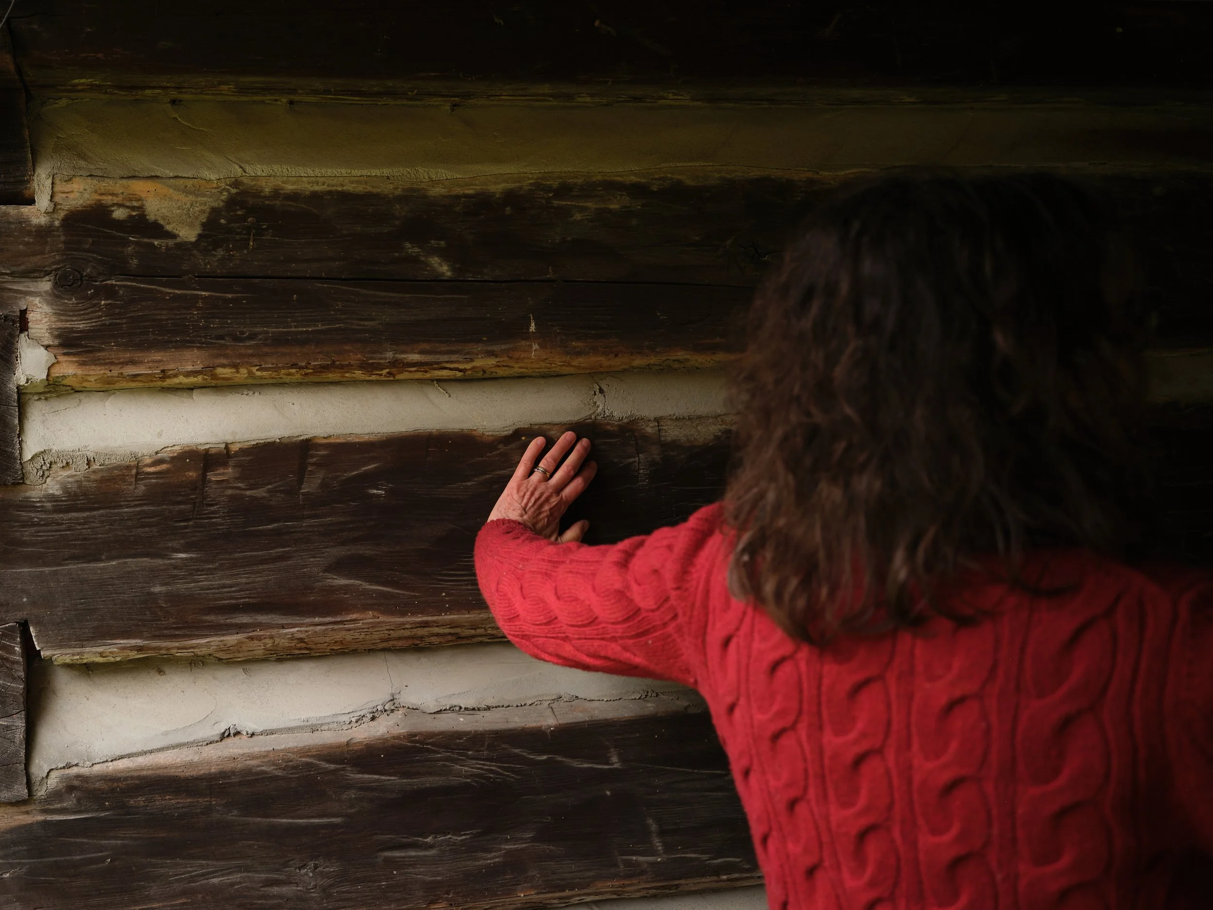 A person with curly hair wearing a red sweater touching a wooden log wall of a house.