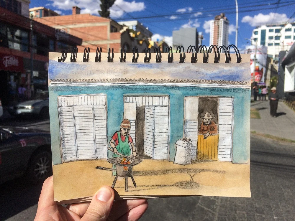 Witch Doctors Open For Business; Water colors and micron pens on tan toned paper.