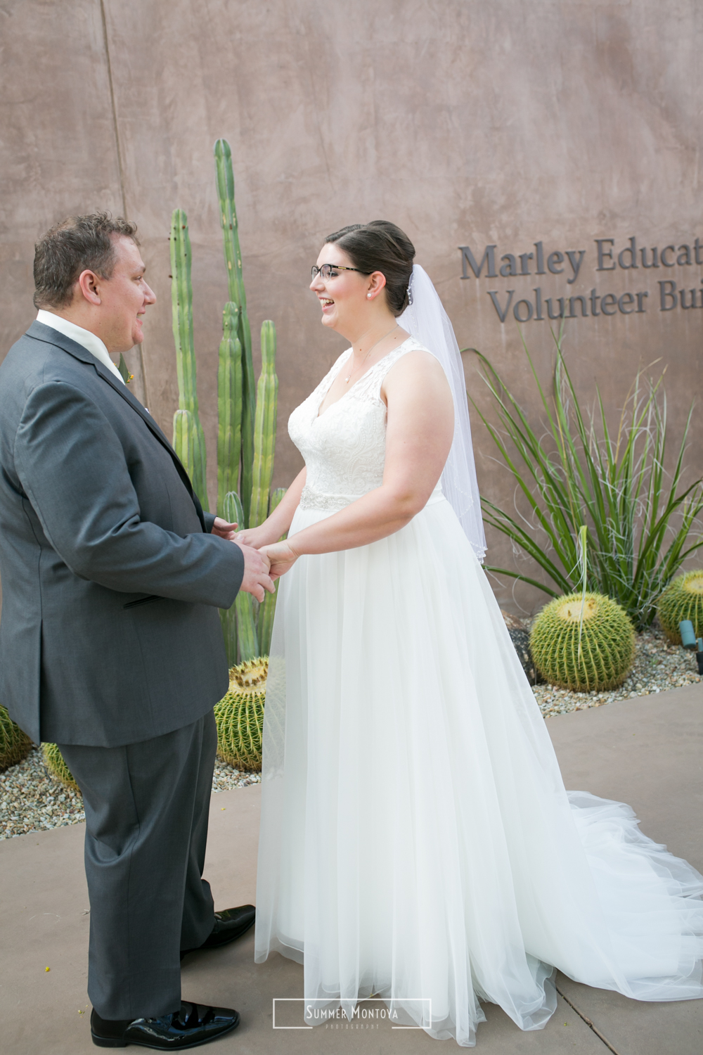  Bride and groom first look at a Phoenix wedding at the Desert Botanical Gardens 