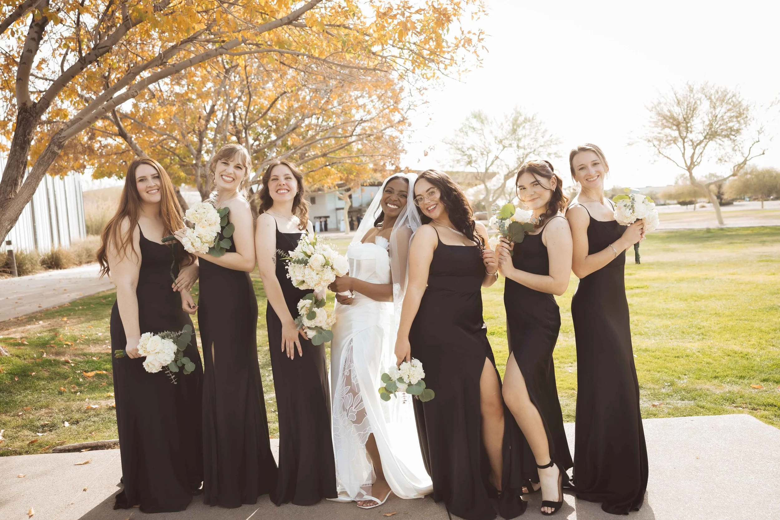 Wedding party portraits with the bridesmaids at their Gilbert church wedding