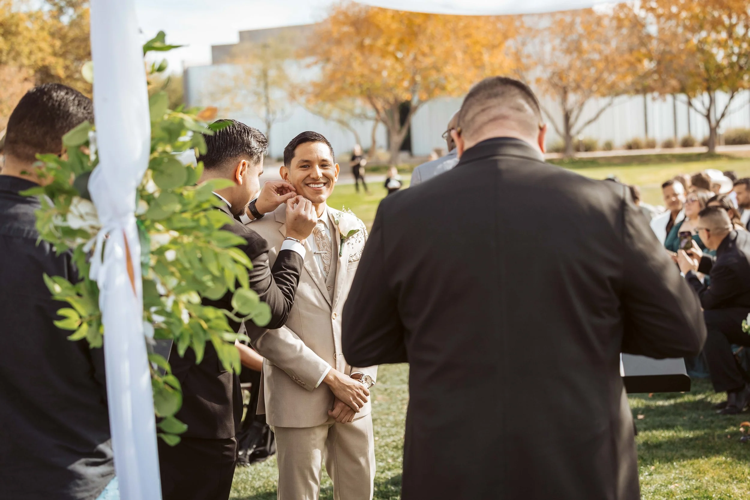 Abel waiting for Jade to walk down the aisle