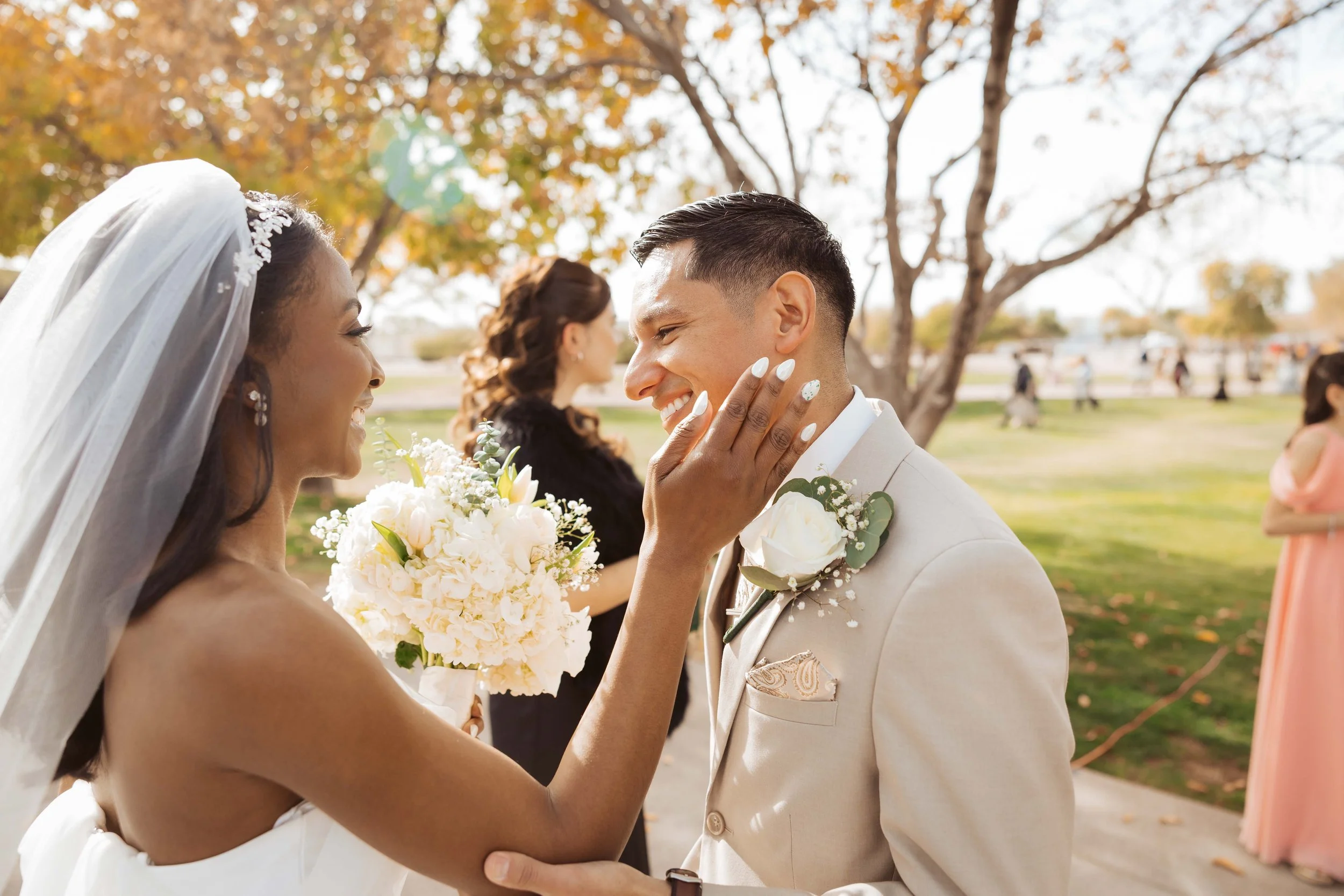 Tender moment between Jade and Abel after wedding at Redemption Gilbert.