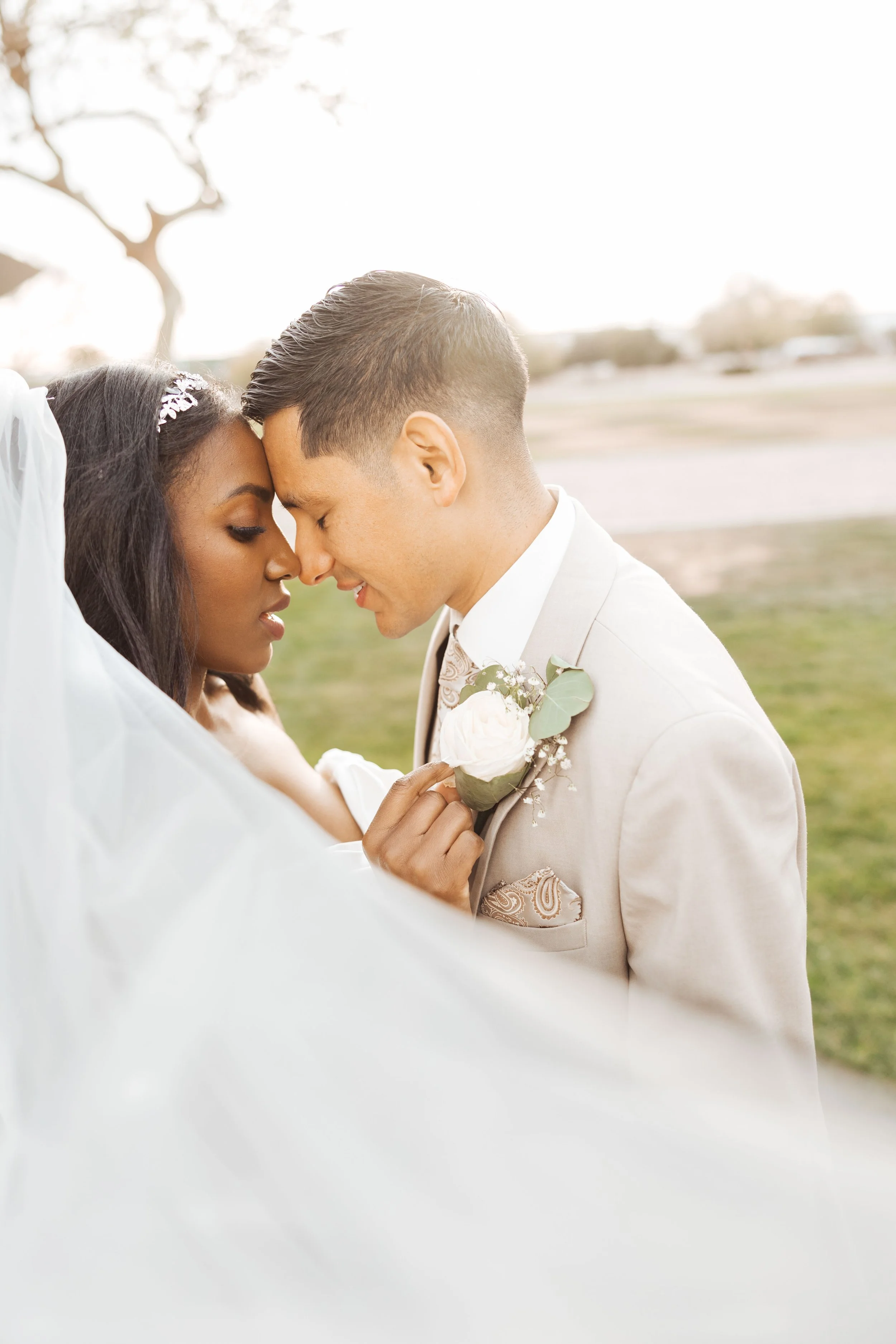 Bride and groom photos at Redemption Church with soft winter light