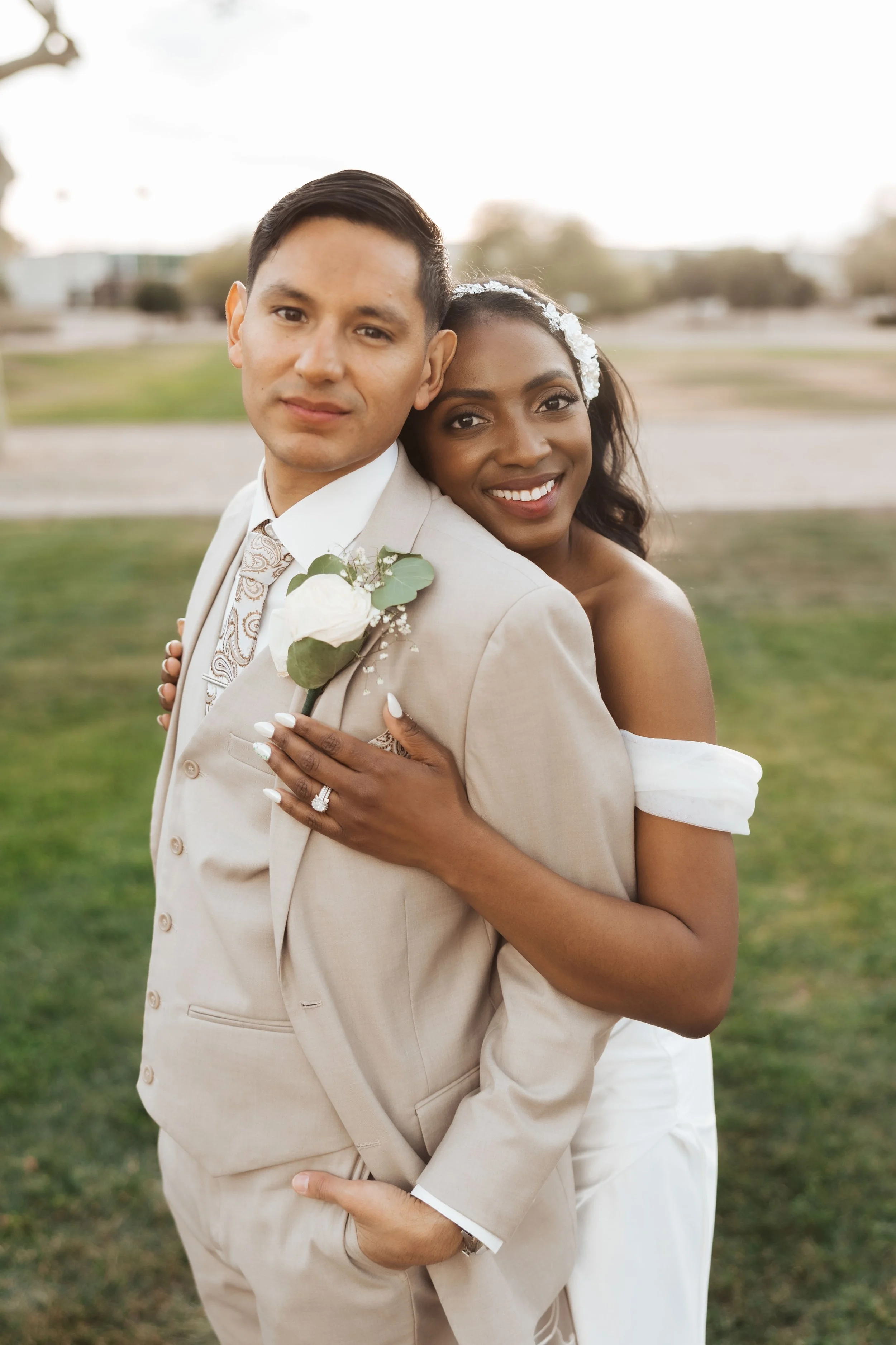 Tender photo of bride and groom during sunset