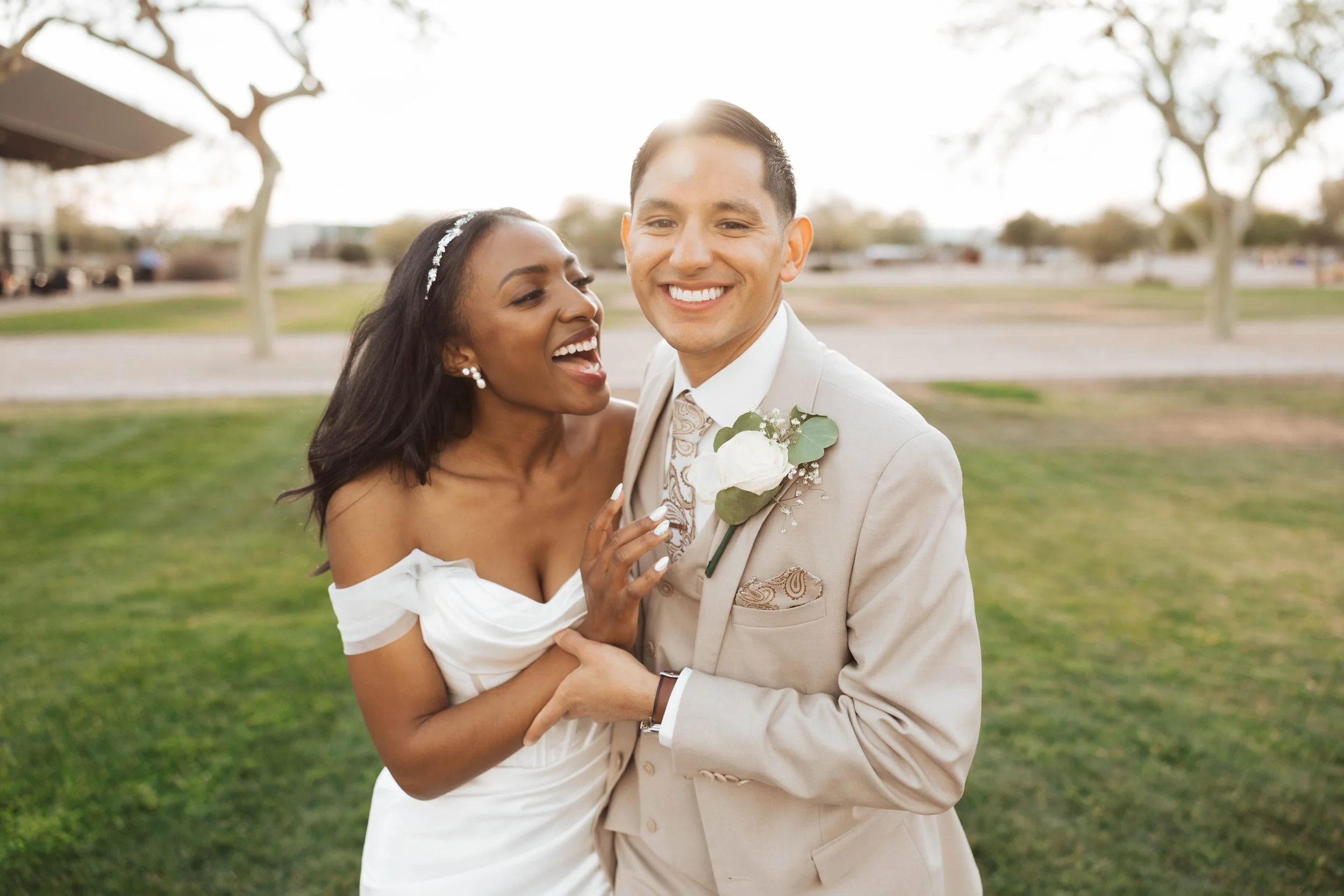 Couple laughing during sunset photos at Redemption Gilbert