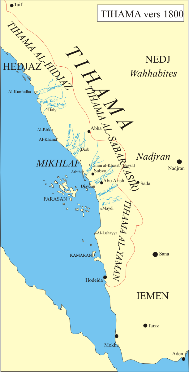 Tihama is a coastal region extending from Hijaz to Hodaidah*. Part of Tihama now belongs to Saudi Arabia (since the Taif Treaty), when Talking about the Yemeni Tihaman Hirak, we are talking about the regions that belong to Tihama within the Yemen Border. (image via wikimedia.com)