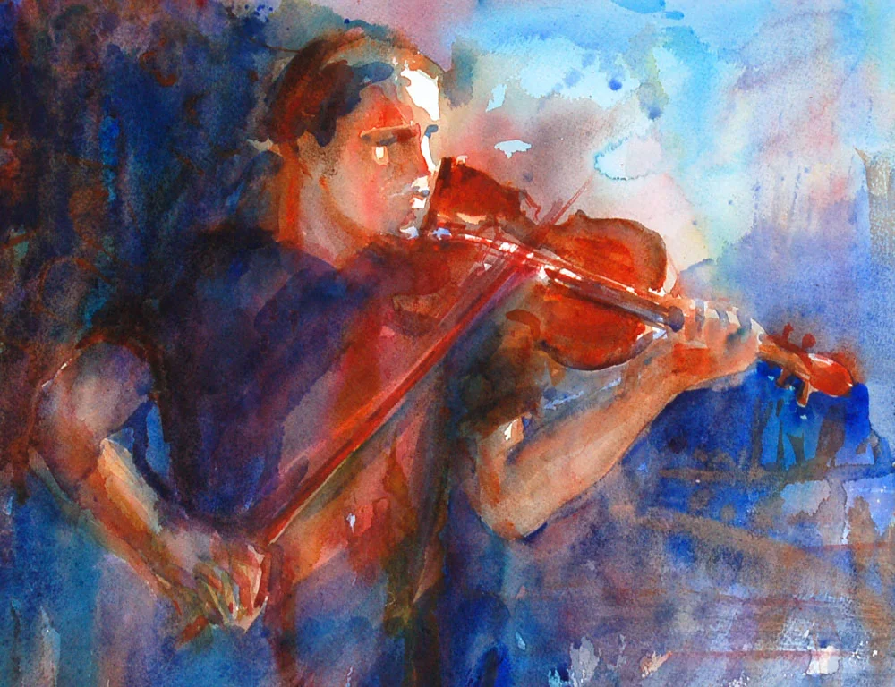 violin player watercolor painting portrait