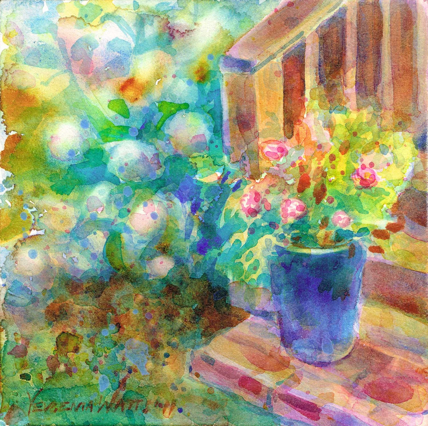 Garden Scene with Blue Pot and Stairs - Watercolor on Aquabord Step by Step