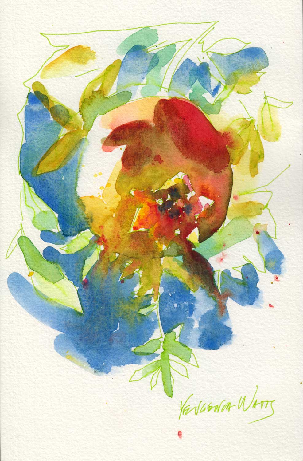 This curiously shaped fruit caught my eye in my parents' garden, on a hot summer afternoon. Watercolor, Le Pen in Pentalic sketchbook.