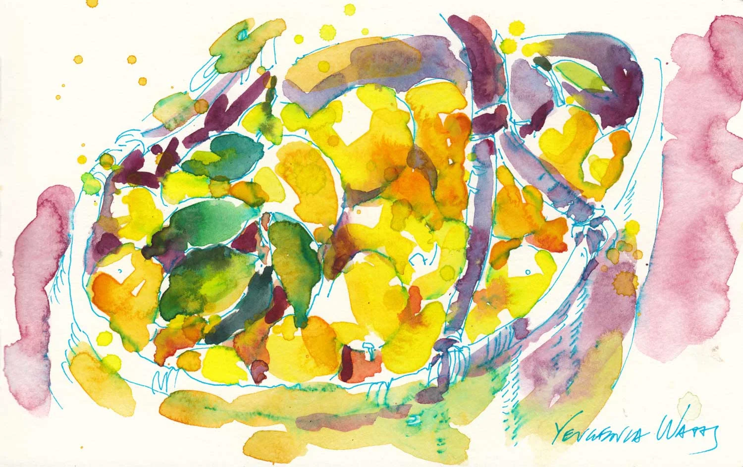 A coworker of mine brought this big basket of fragrant lemons to the office. I took the basket outside in the sun and sketched it over lunch!
