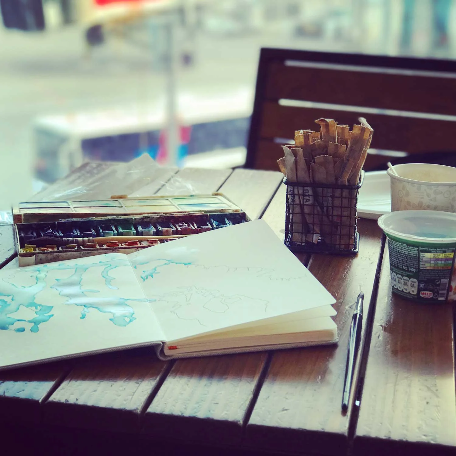 Sketching at Istanbul airport. I made the drawing on the plane and then applied water to it on the ground (Drawing made with water-soluble LePen).