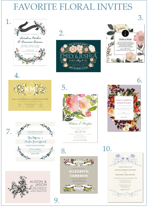 Image credits: 1. Minted , 2. Minted , 3. Wedding Paper Divas , 4. Minted , 5. Minted , 6. BHLDN for Wedding Paper Divas , 7. Minted , 8. Minted , 9. Minted , 10. Marchesa for Wedding Paper Divas