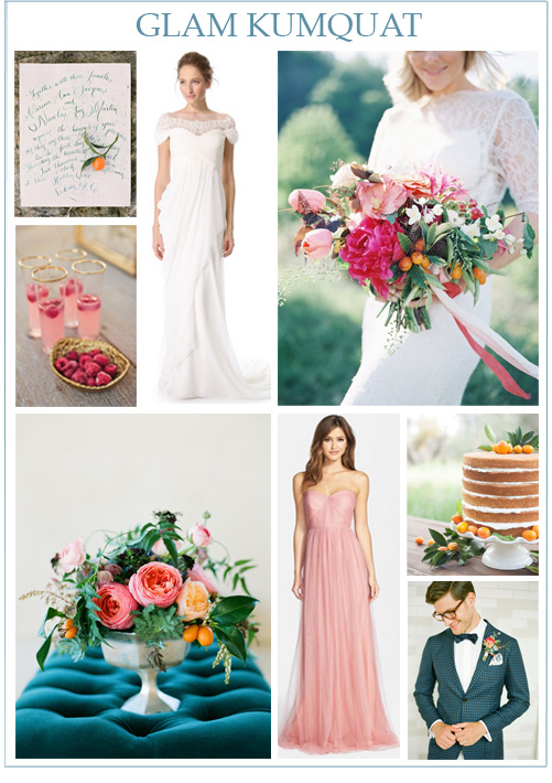 Image credits: Calligraphy menu from Adrian Michael , raspberry cocktails from Carlie Statsky , Marchesa Grecian Illusion Gown , vibrant kumquat bouquet from The Day's Design by Heather Payne Photography , kumquat centerpiece from STEMS by Taylor Lord Photography , Jenny Yoo tulle bridesmaid dress , kumquat wedding cake by Michael & Kate Photography , and groom inspiration from KT Merry 