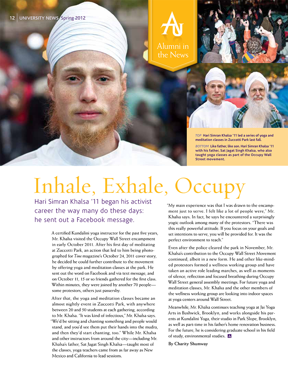 Adelphi University alumnus Hari Khalsa at Occupy Wall Street, 2012.