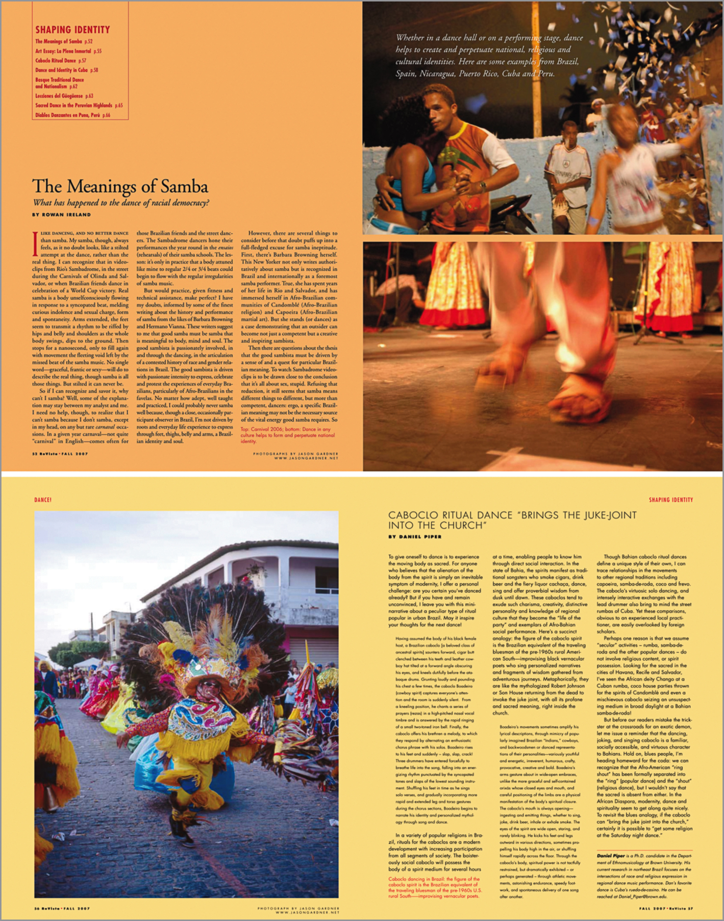 Images in articles about samba and caboclos in Harvard University Magazine .