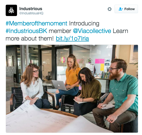 Industrious is a Brooklyn Co-working space which is home to Via Collective and a number of other small businesses. I was flattered when they tweeted out my photo. Thanks Industrious!