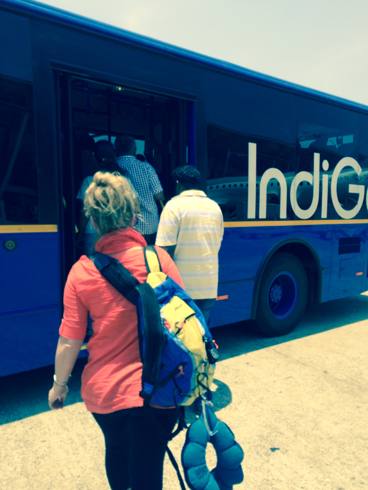 Boarding a bus to our terminal at Chennai airport