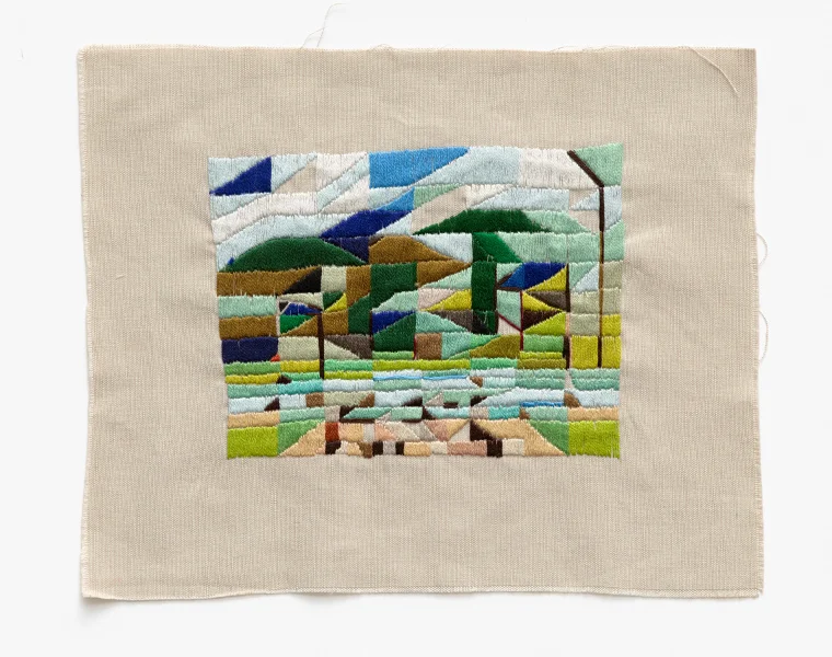Crossing the ford with Katy 2016 Embroidery thread on linen 20 x 25cm
