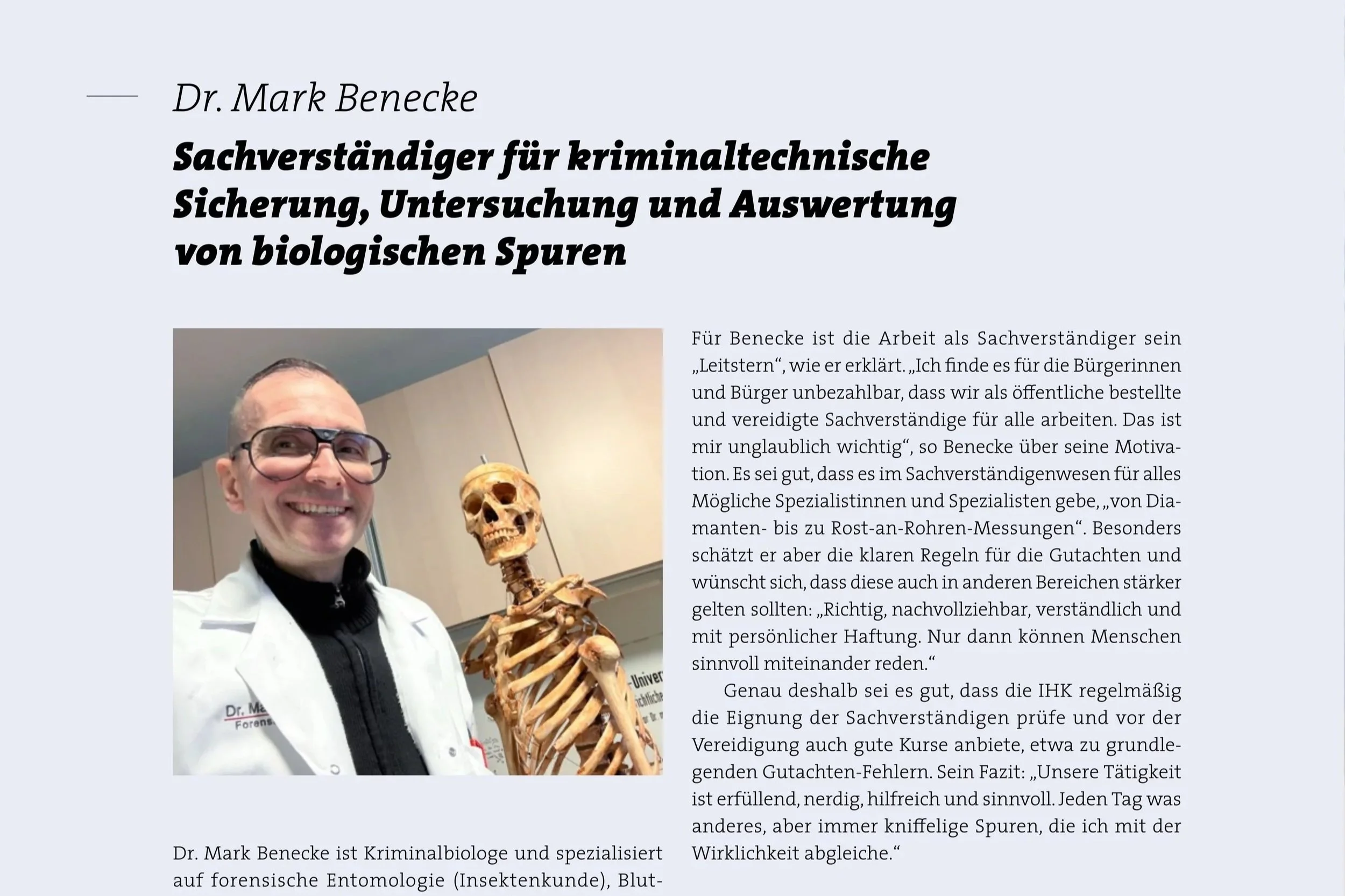 Dr. Mark Benecke – Sachverständiger für kriminaltechnische Sicherung, Untersuchung und Auswertung von biologischen Spuren