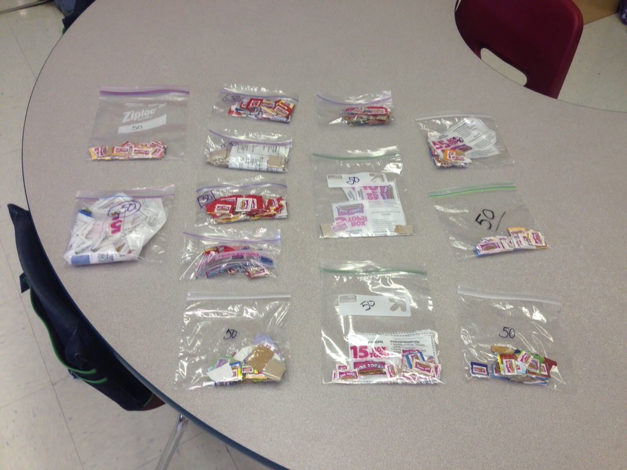 THANK YOU to all who have collected this summer for our school! We have sorted and bagged, being sure there are 50 in each bag, and have a total of 650 Box Tops which equals $65!!! We will gladly take your Box Top donations any time! There is a container on the front steps of our school for your donation. 