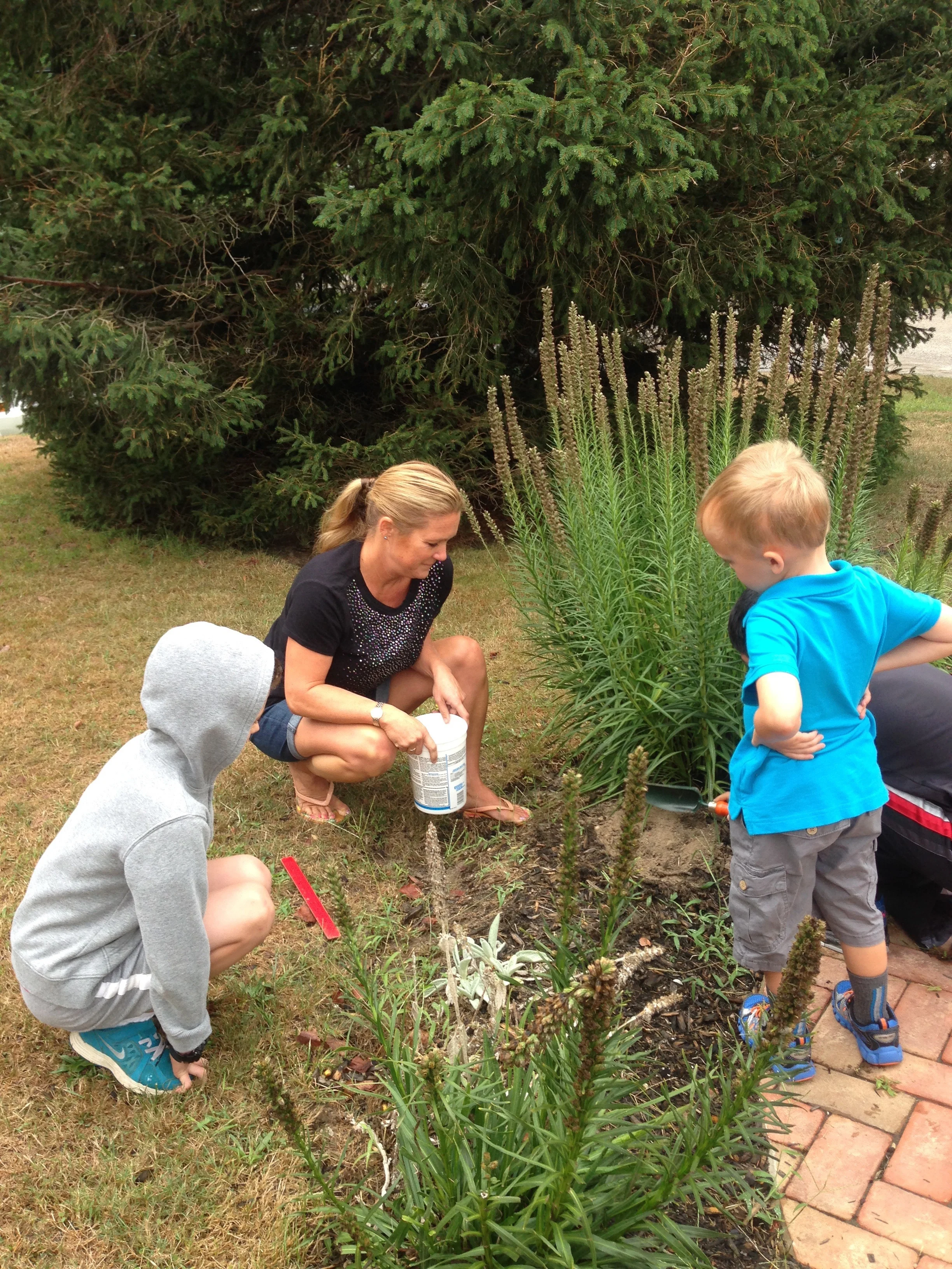 Henry, Mrs. Ruschin, and Ryan plan out their bulbs