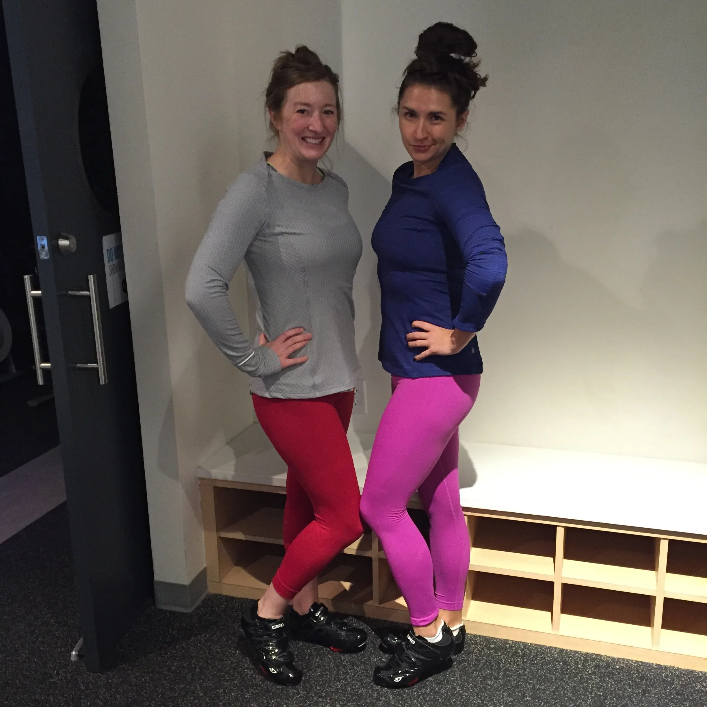 Meg and me sporting our Zone in Tights (Meg is wearing the cropped version) and our Kanto Catch Me LS top.