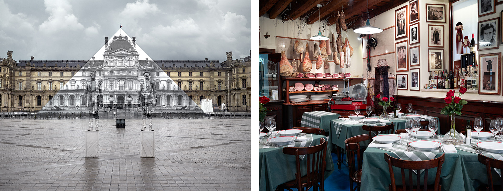 Left: JR x Liu Bollin, Louvre Pyramid, 2016, photograph Right: Liu Bolin, Lifestyle Food, 2014, photograph
