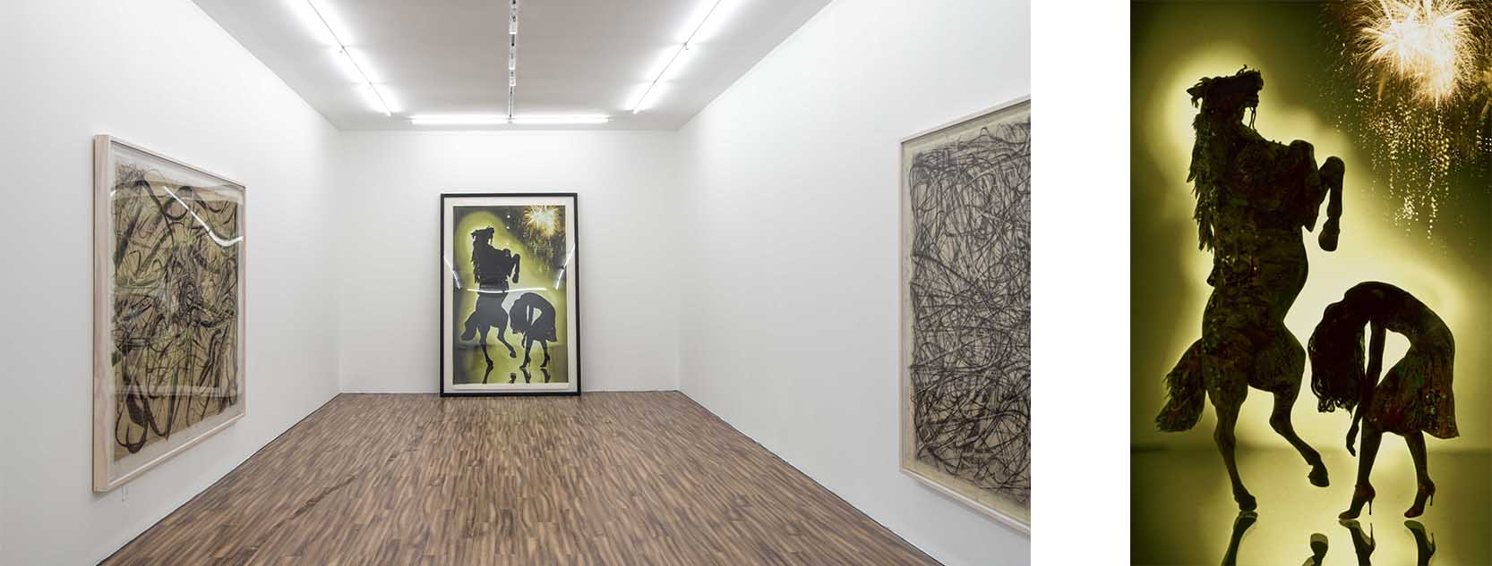 Left: Vanguard Gallery, exhibition view Right: Yuki Onodera, Annular Eclipse-Horse, serigraphy on silk, 2007